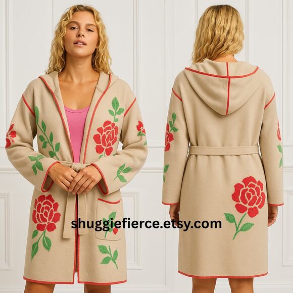 MSRP $129 ✨ POL Belted Hooded Sweater Cardigan – Rose Floral | Size S to L ✨ - Picture 1 of 7